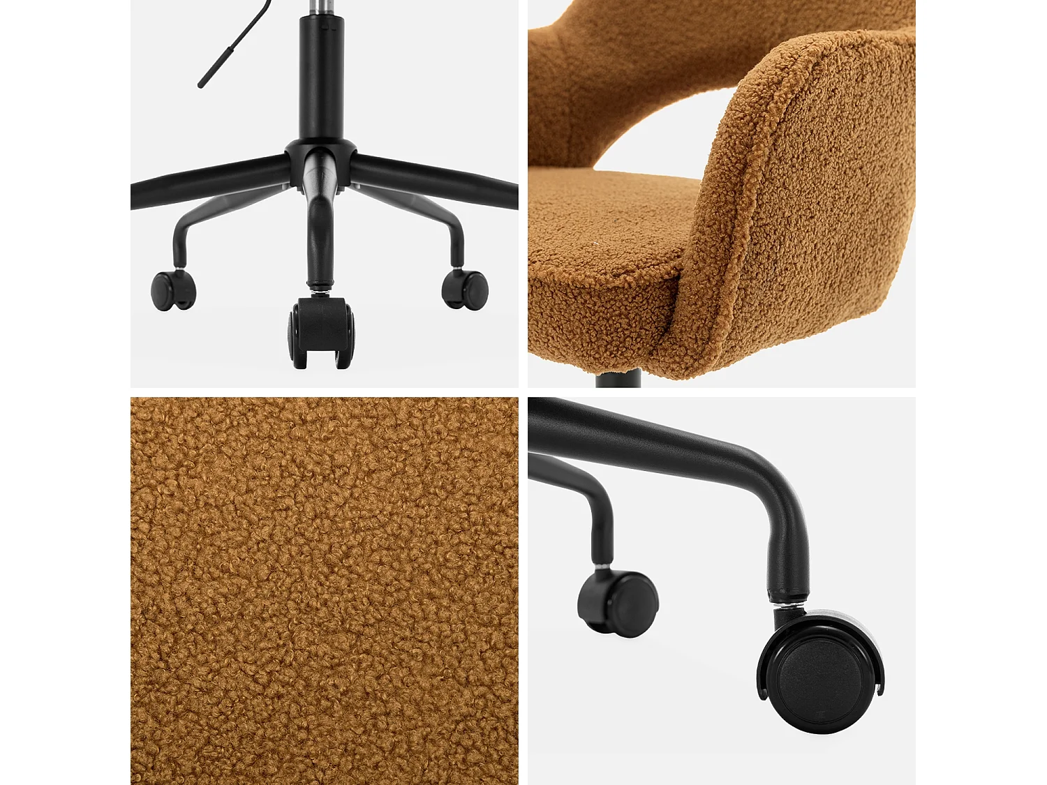 Chaise de bureau à roulettes bouclettes ocre. Jim. L 60 x P 62 x H 89 / 99cm.