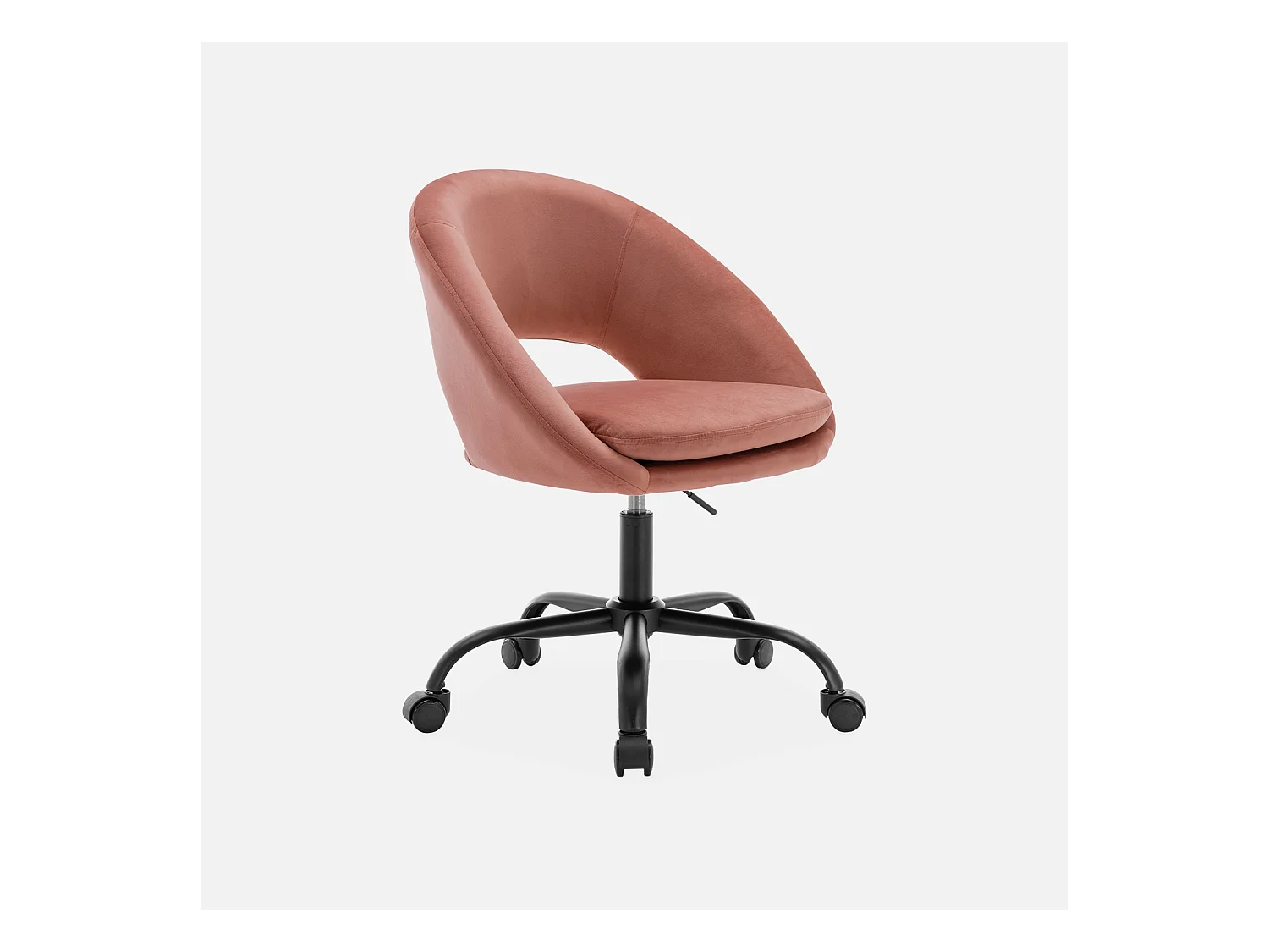 Chaise de bureau ronde à roulettes en velours vieux rose. Pam. L 59 x P 60 x H 79 / 89cm.