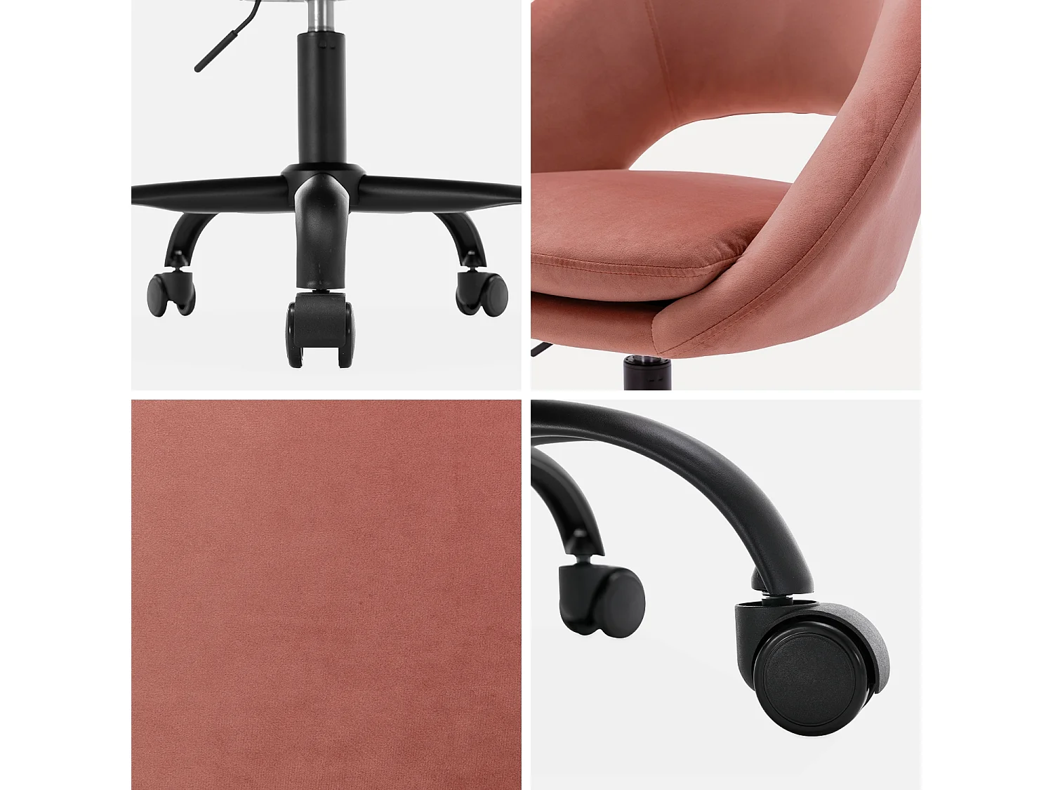 Chaise de bureau ronde à roulettes en velours vieux rose. Pam. L 59 x P 60 x H 79 / 89cm.