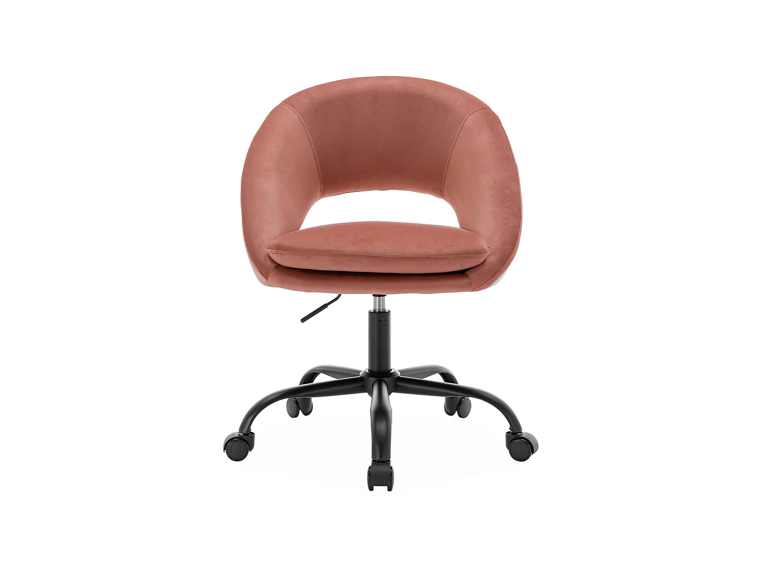 Chaise de bureau ronde à roulettes en velours vieux rose. Pam. L 59 x P 60 x H 79 / 89cm.