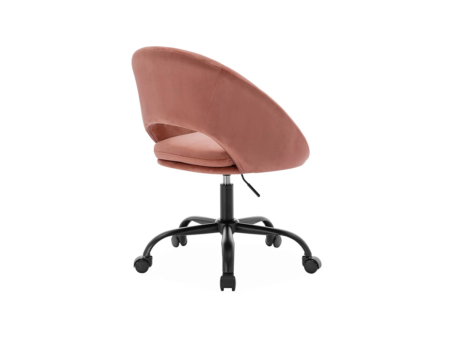 Chaise de bureau ronde à roulettes en velours vieux rose. Pam. L 59 x P 60 x H 79 / 89cm.