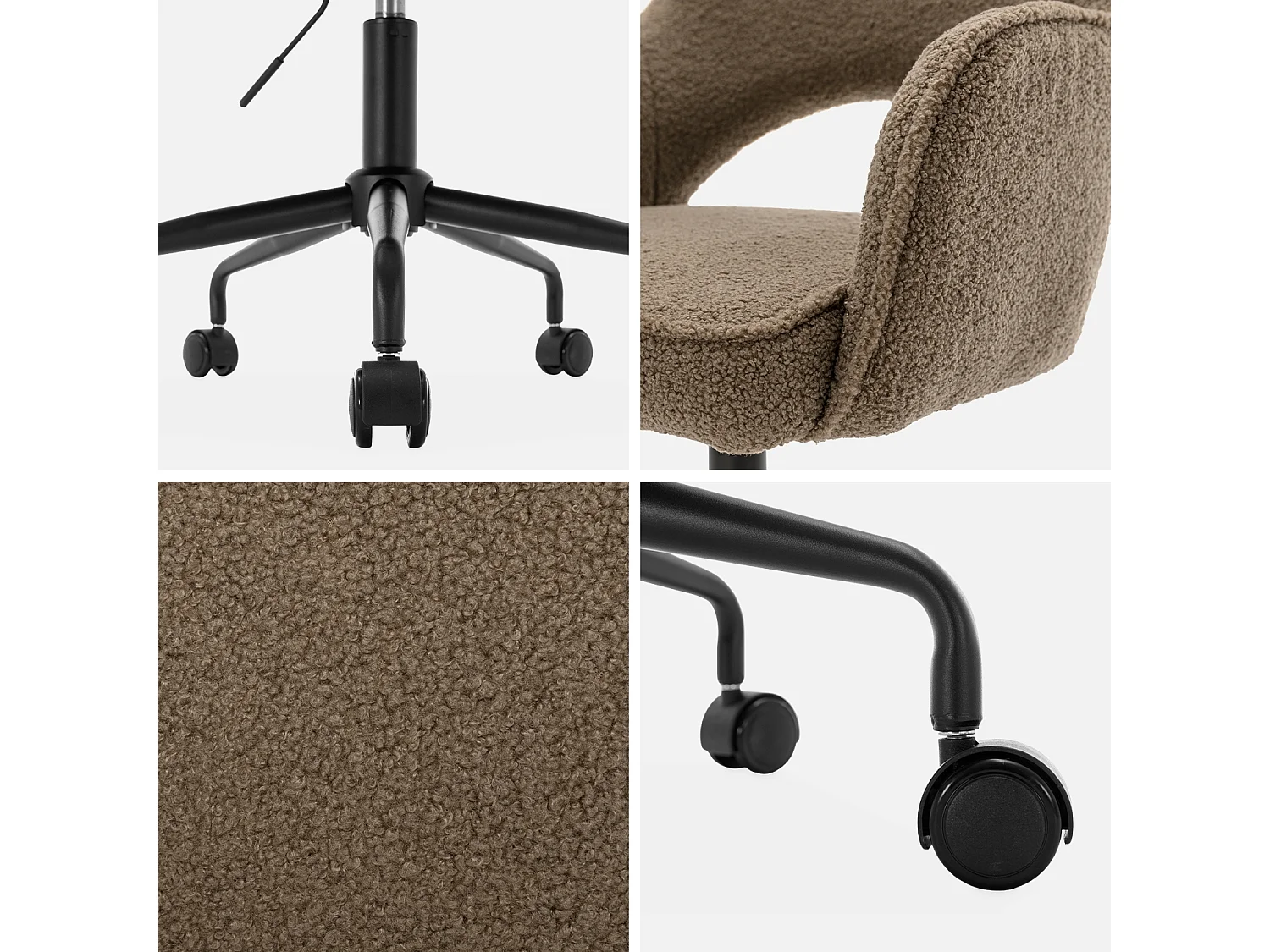 Chaise de bureau à roulettes bouclettes taupe. Jim. L 60 x P 62 x H 89 / 99cm