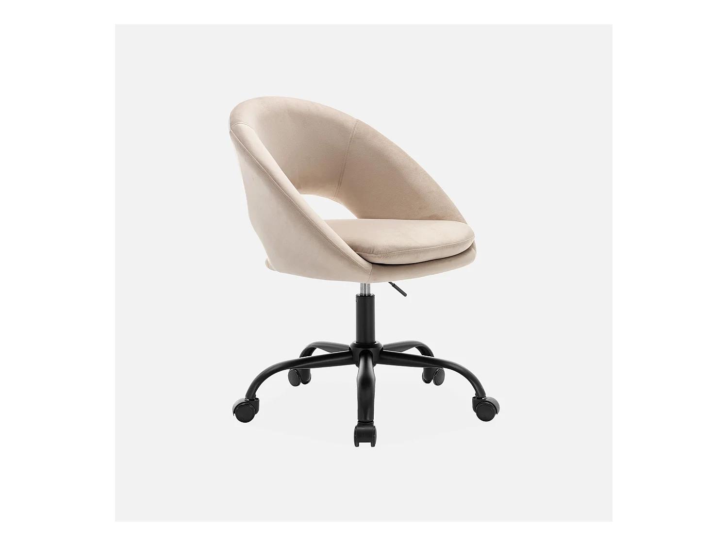 Chaise de bureau ronde à roulettes en velours blanc cassé. Pam. L 59 x P 60 x H 79 / 89cm