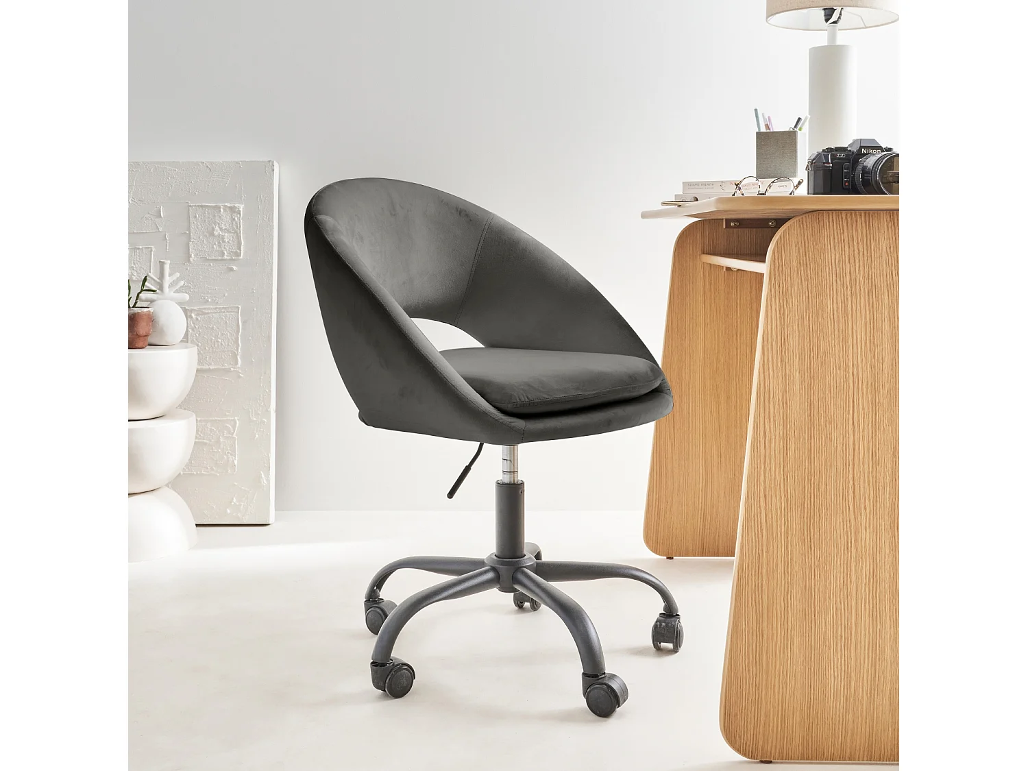 Sedia da ufficio con rotelle in velluto, grigio