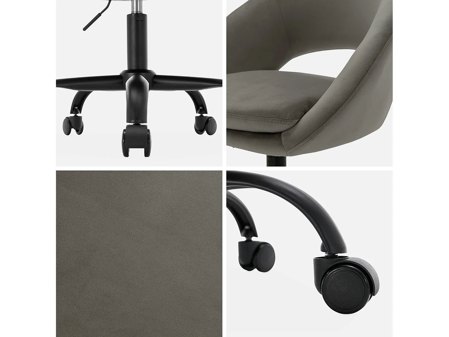 Chaise de bureau ronde à roulettes en velours gris. Pam. L 59 x P 60 x H 79 / 89cm