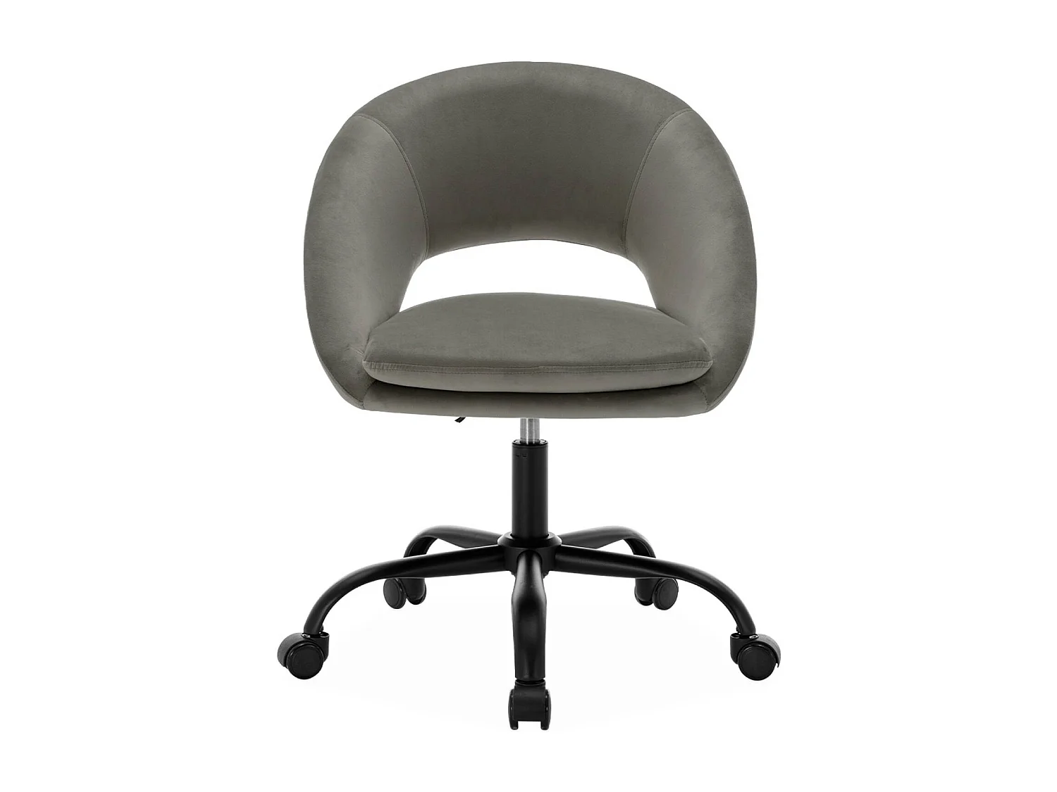 Chaise de bureau ronde à roulettes en velours gris. Pam. L 59 x P 60 x H 79 / 89cm