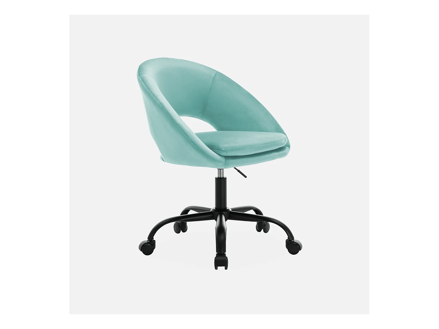 Chaise de bureau ronde à roulettes en velours cyan. Pam. L 59 x P 60 x H 79 / 89cm.
