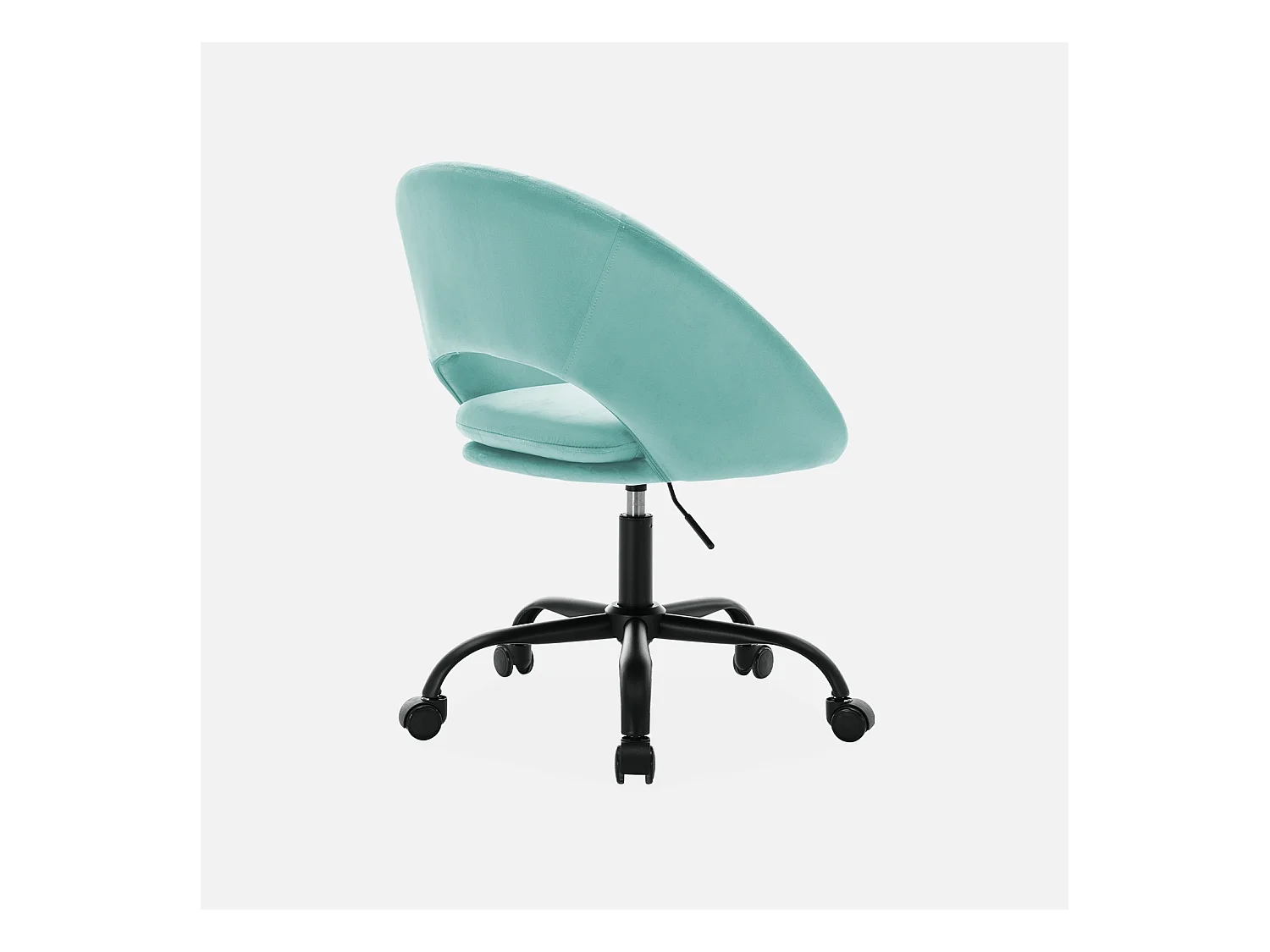 Chaise de bureau ronde à roulettes en velours cyan. Pam. L 59 x P 60 x H 79 / 89cm.