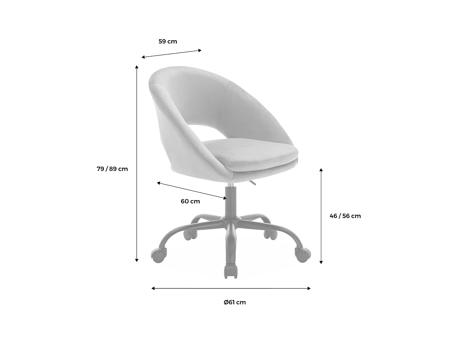 Chaise de bureau ronde à roulettes en velours cyan. Pam. L 59 x P 60 x H 79 / 89cm.