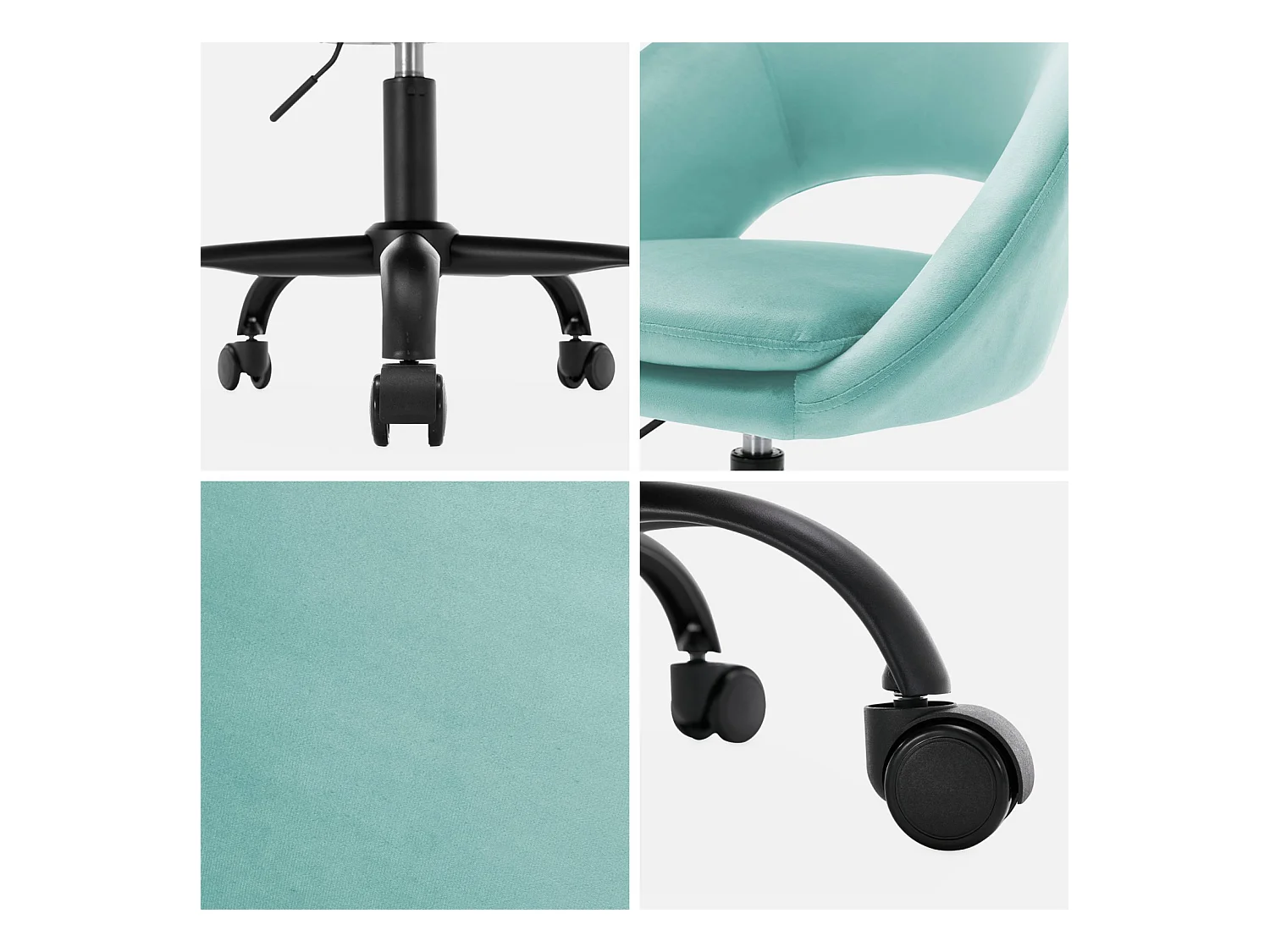 Chaise de bureau ronde à roulettes en velours cyan. Pam. L 59 x P 60 x H 79 / 89cm.