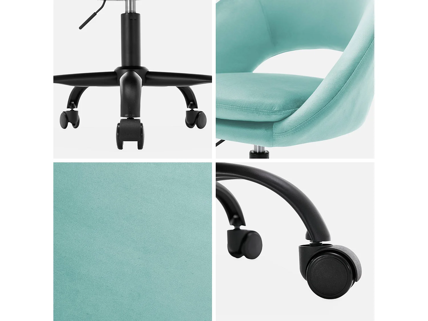 Chaise de bureau ronde à roulettes en velours cyan. Pam. L 59 x P 60 x H 79 / 89cm.