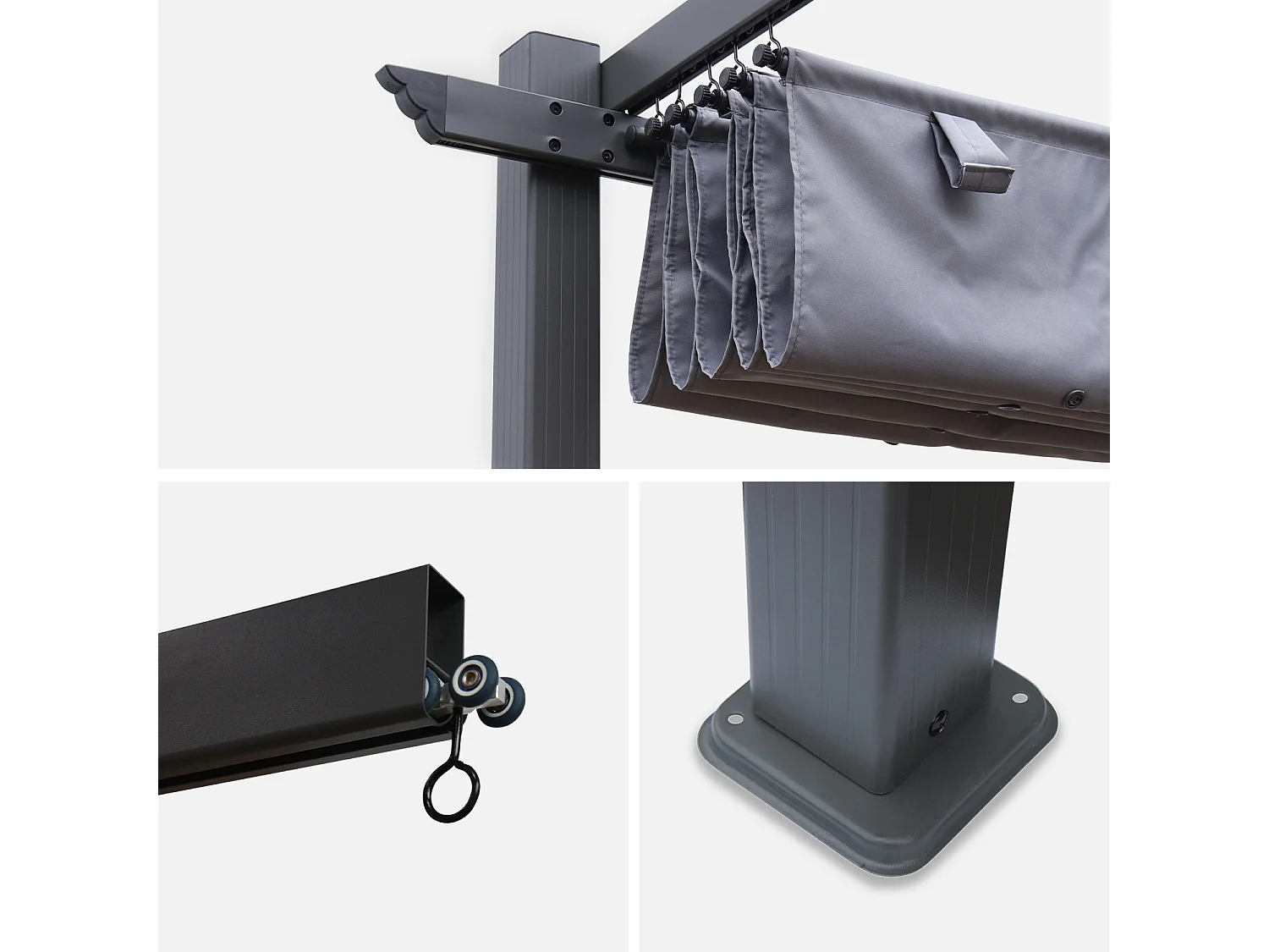 Pergola, aluminio, 3x3m, tela deslizante gris