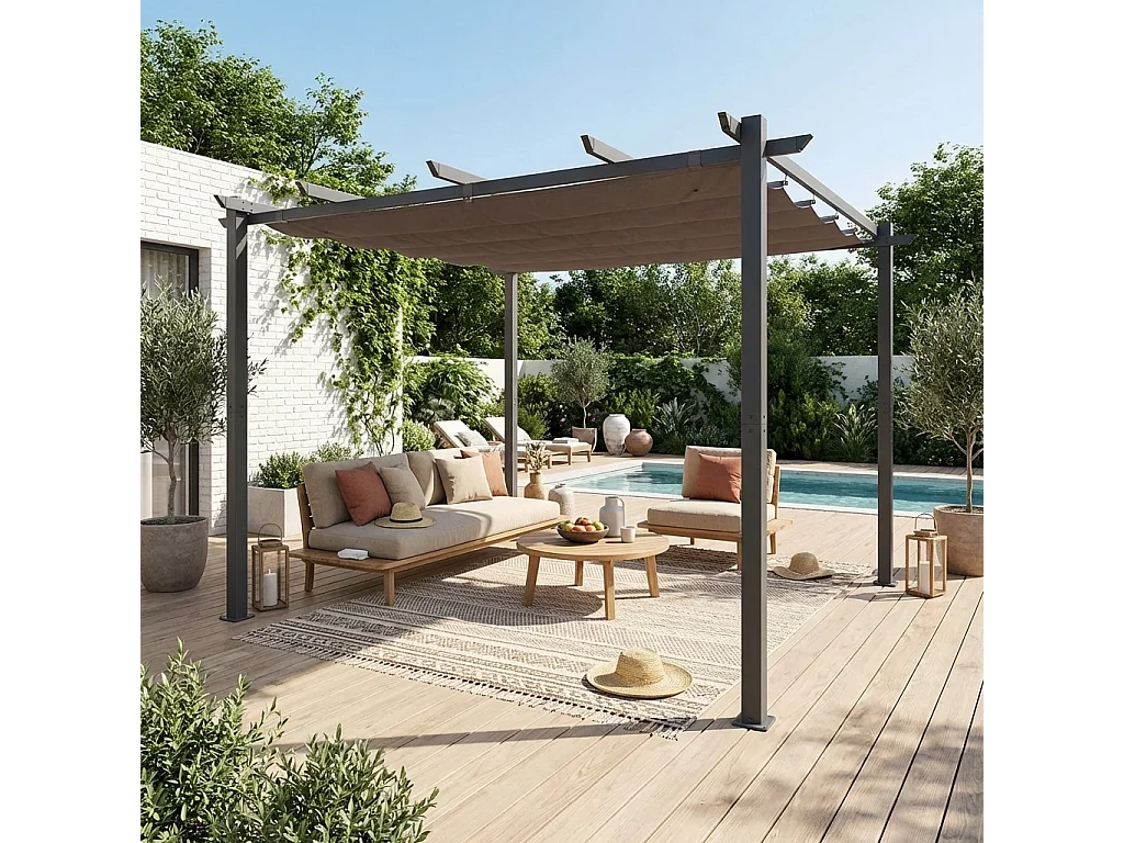 Pergola aluminium - Isla 3x3m -  Toile grise - Tonnelle idéale pour votre terrasse. toit rétractable. toile coulissante. structure aluminium
