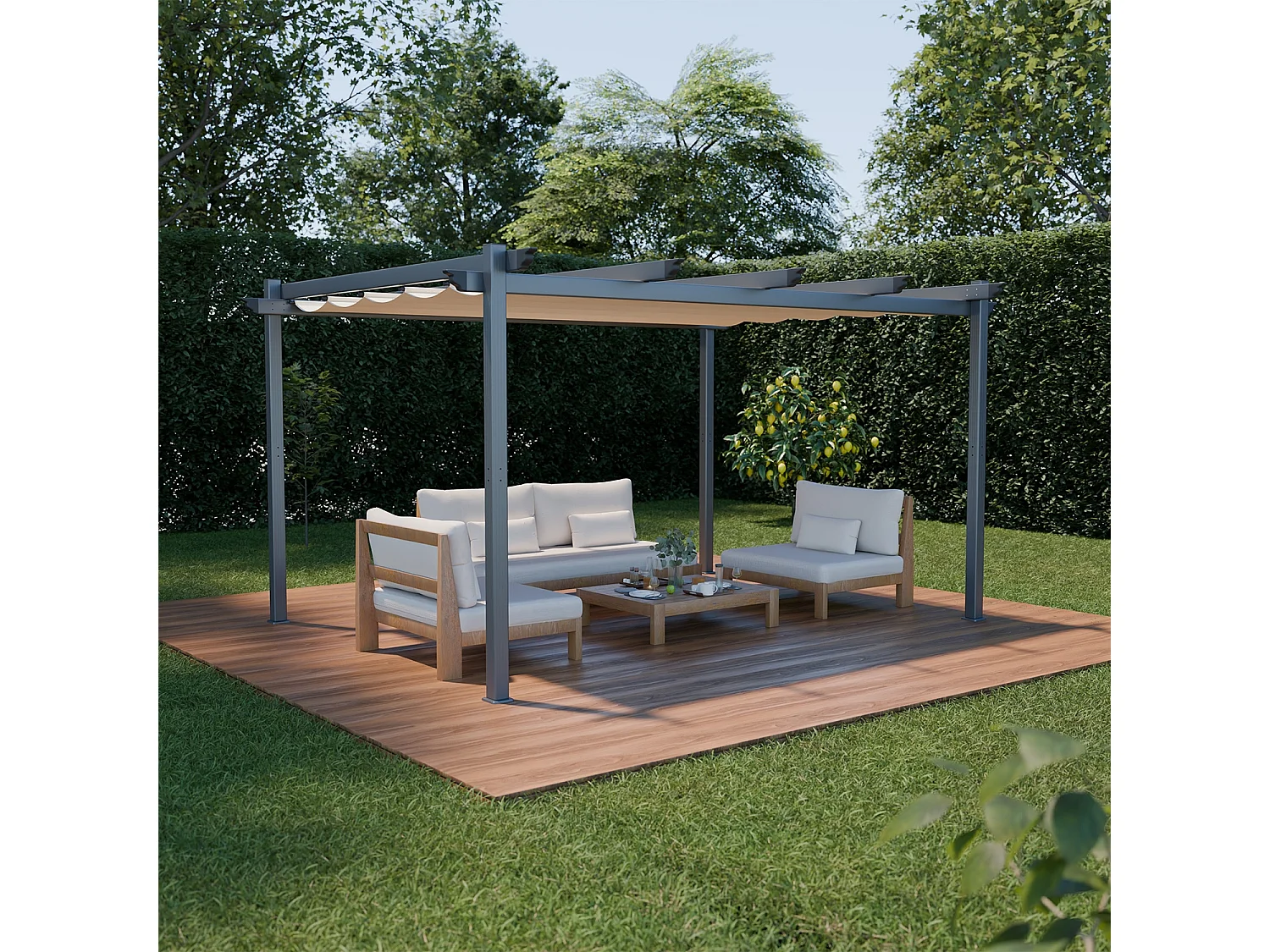 Pergola aluminium - Isla 3x4m -  Toile beige - Tonnelle idéale pour votre terrasse. toit rétractable. toile coulissante. structure aluminium