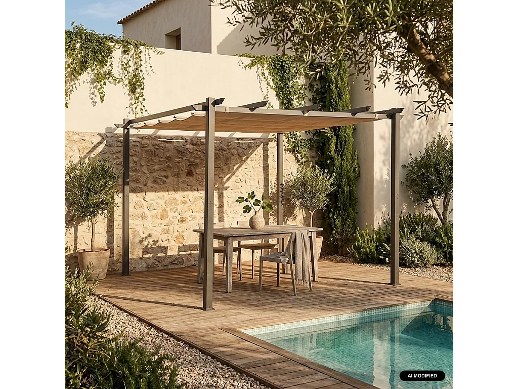 Pergola aluminium - Isla 3x3m -  Toile beige- Tonnelle idéale pour votre terrasse. toit rétractable. toile coulissante. structure aluminium
