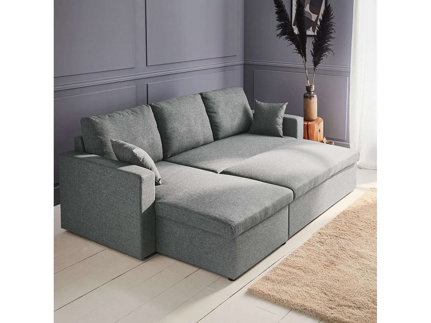 Divano letto angolare reversibile con contenitore, 3 posti, grigio