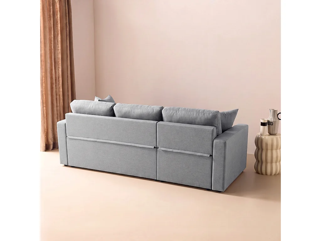 Canapé d'angle convertible en tissu gris clair - IDA - 3 places. fauteuil d'angle réversible coffre rangement lit modulable