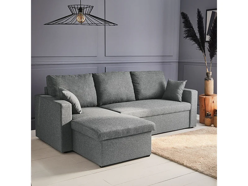 Canapé d'angle convertible en tissu gris clair - IDA - 3 places. fauteuil d'angle réversible coffre rangement lit modulable