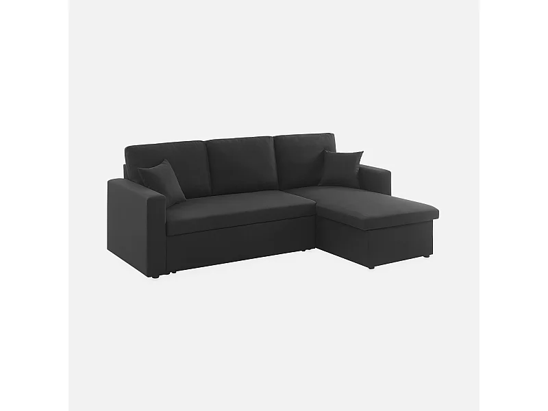 Canapé d'angle convertible en tissu noir - IDA - 3 places. fauteuil d'angle réversible coffre rangement lit modulable