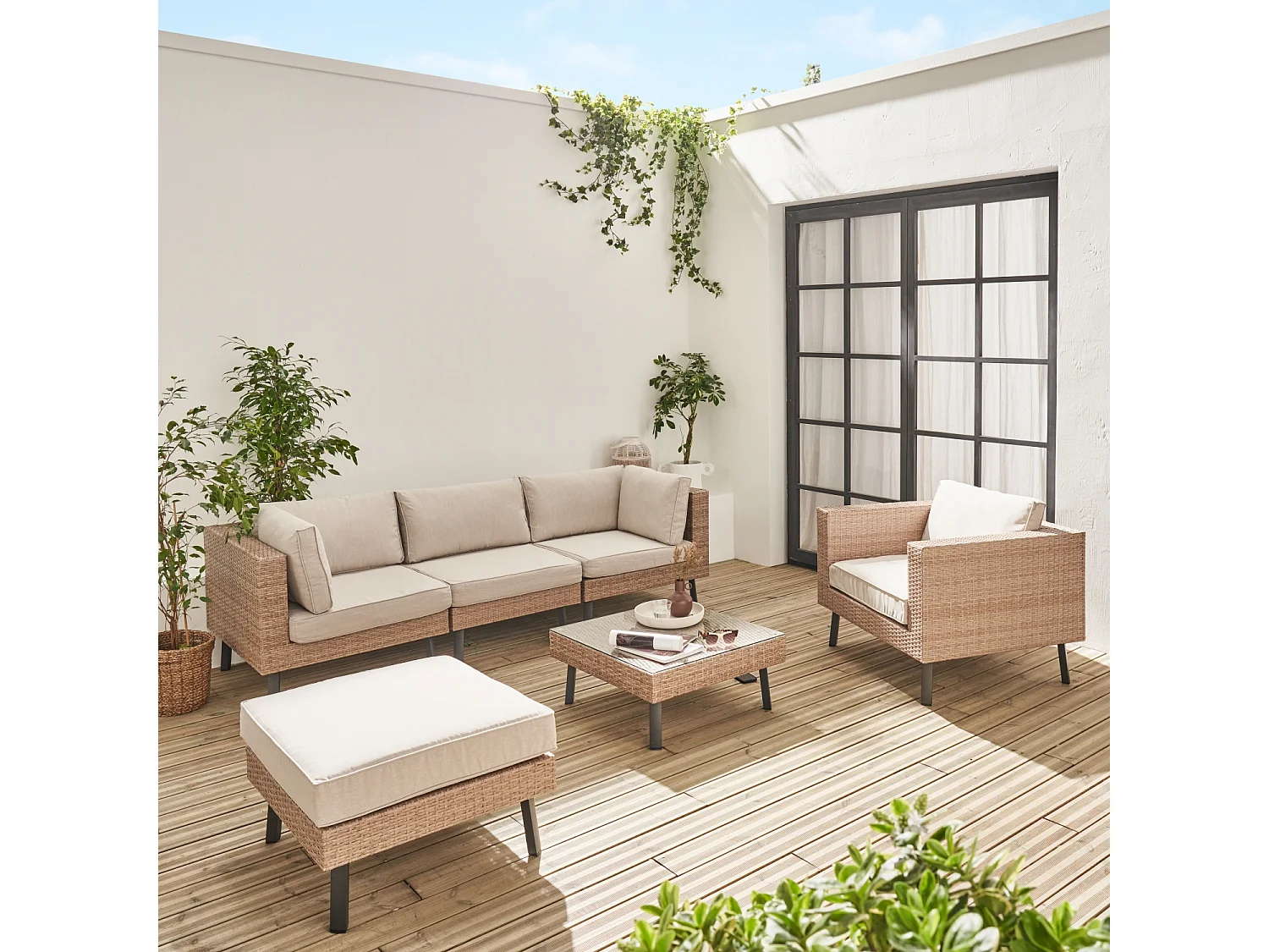 Conjunto de muebles de jardín de resina tejida, 5 plazas beige