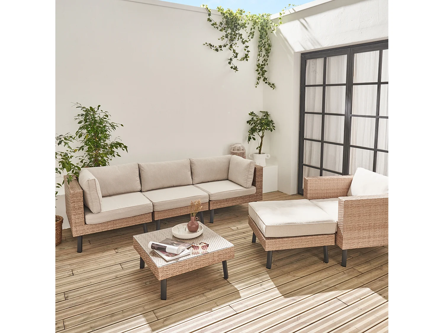 Conjunto de muebles de jardín de resina tejida, 5 plazas beige