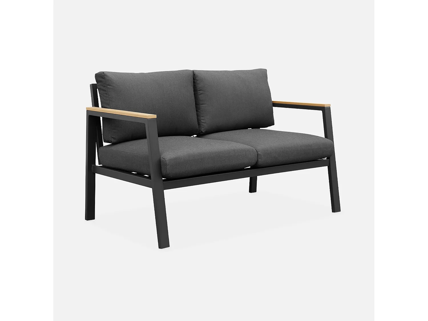 Salon de jardin Casoria. gris foncé. aluminium et polywood 4 places. 1 canapé. 2 fauteuils. 1 table basse