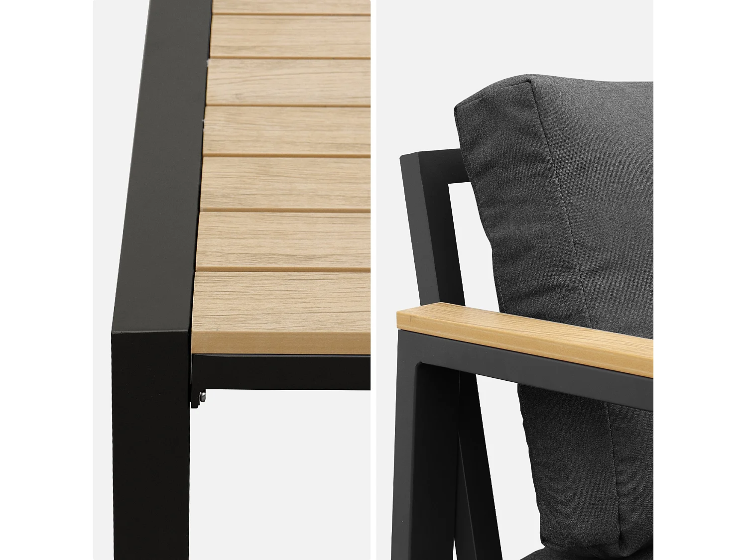 Salon de jardin Casoria. gris foncé. aluminium et polywood 4 places. 1 canapé. 2 fauteuils. 1 table basse