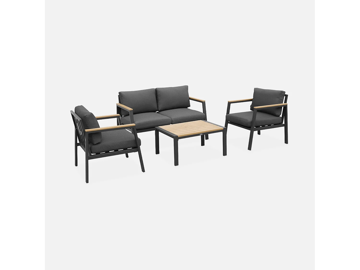 Salon de jardin Casoria. gris foncé. aluminium et polywood 4 places. 1 canapé. 2 fauteuils. 1 table basse