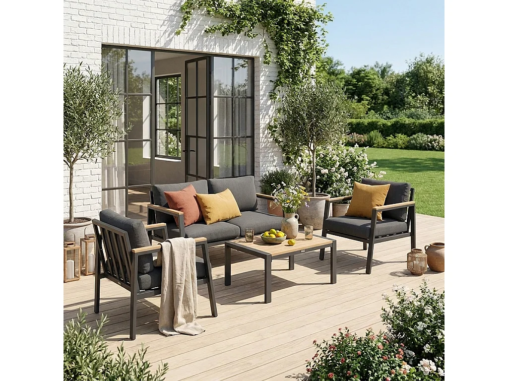 Salon de jardin Casoria. gris foncé. aluminium et polywood 4 places. 1 canapé. 2 fauteuils. 1 table basse