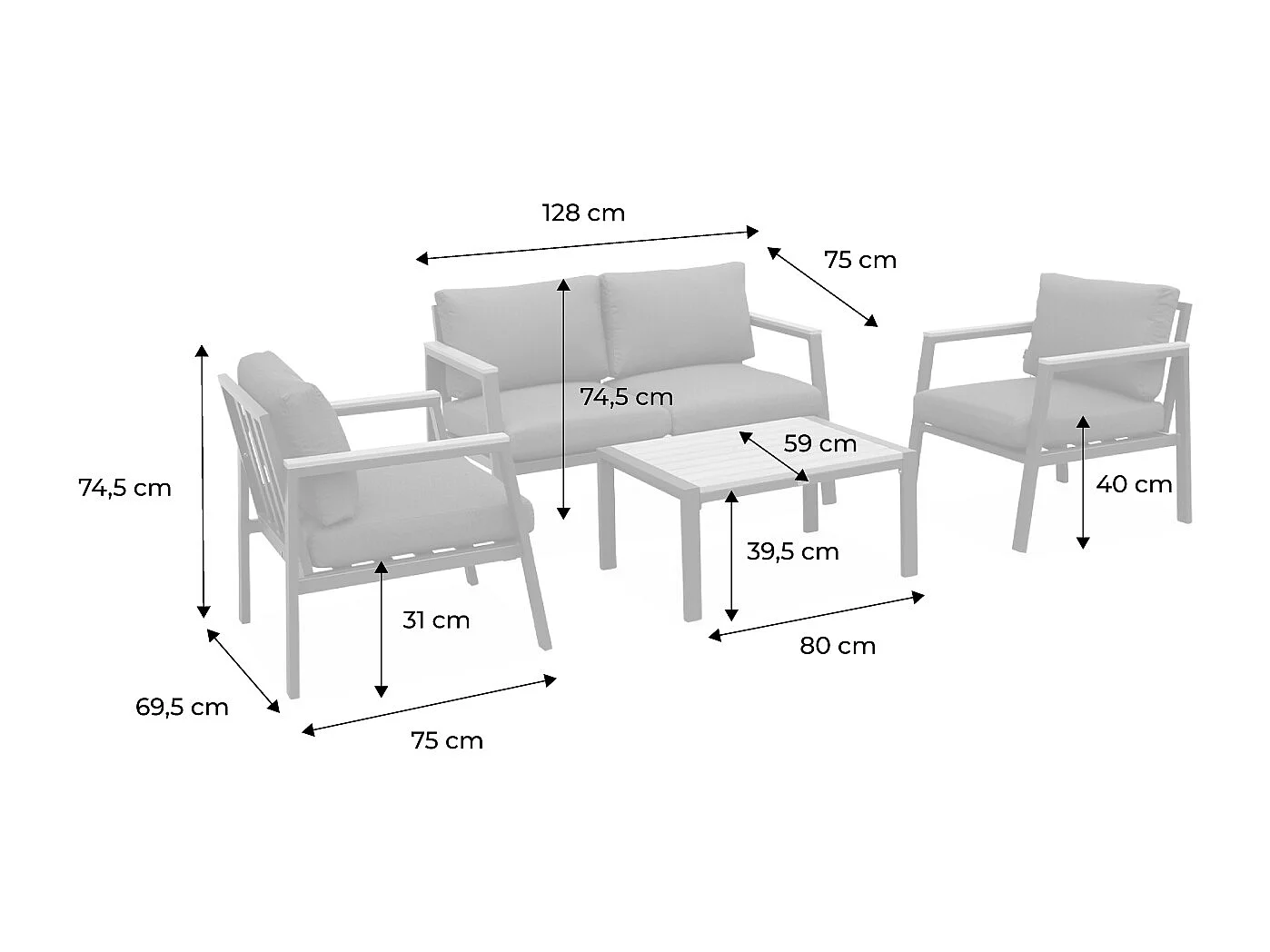 Salon de jardin Casoria. gris foncé. aluminium et polywood 4 places. 1 canapé. 2 fauteuils. 1 table basse