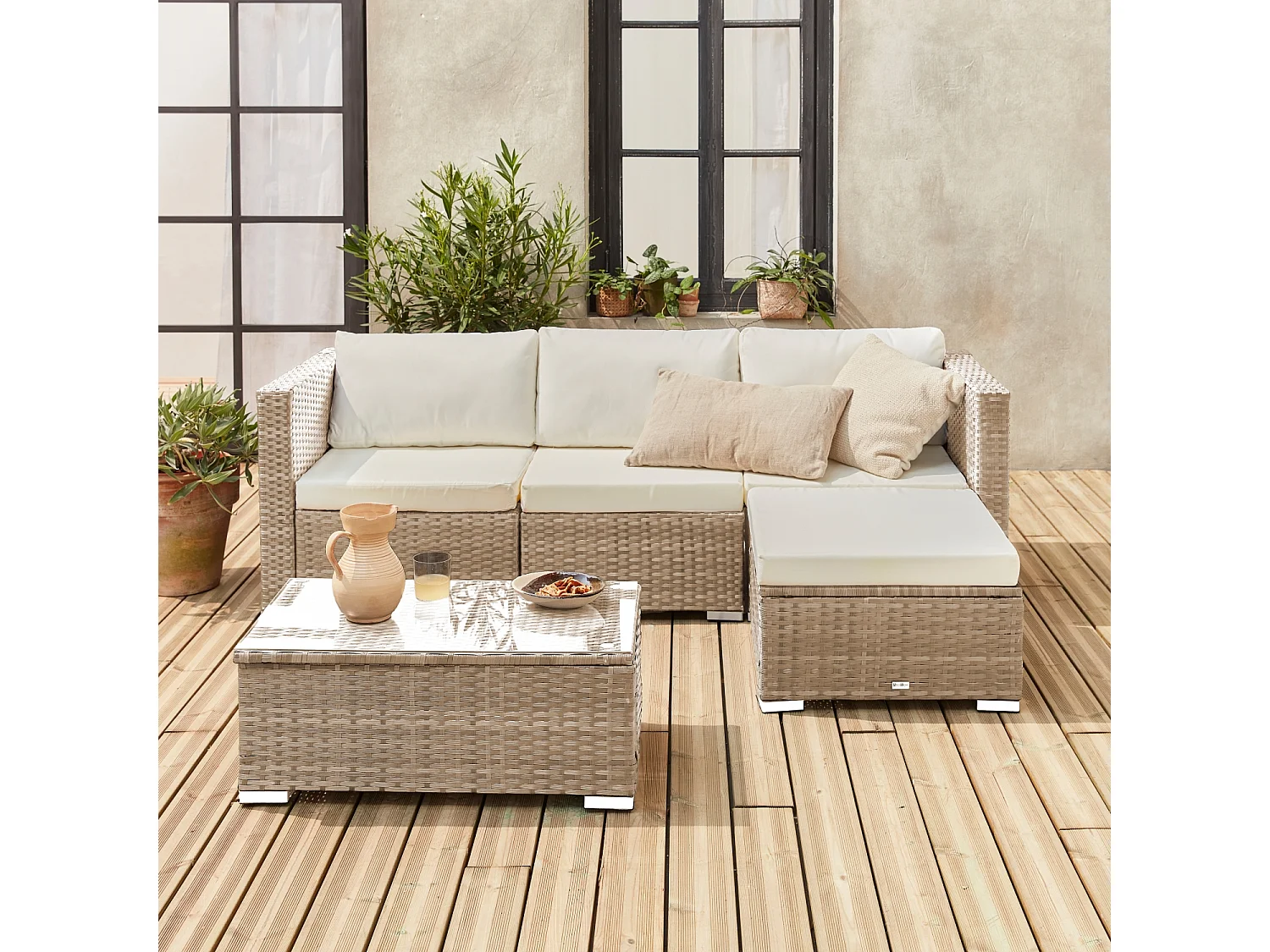 Salotto da giardino in resina a 4 posti, marrone naturale