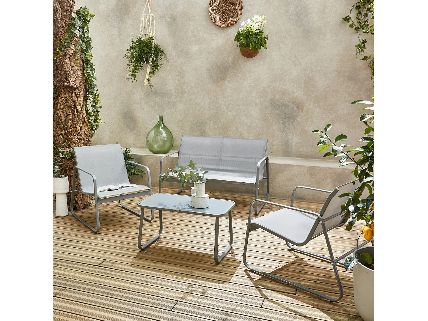 Salotto da giardino in metallo a 4 posti, grigio chiaro