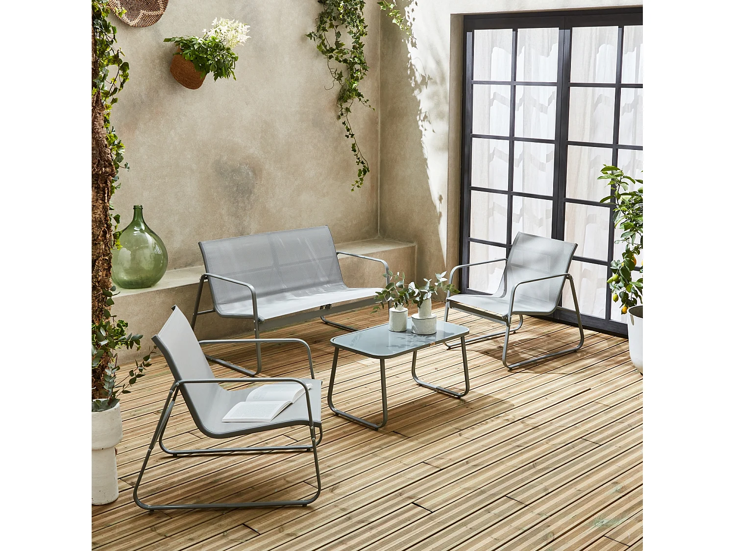 Salotto da giardino in metallo a 4 posti, grigio chiaro
