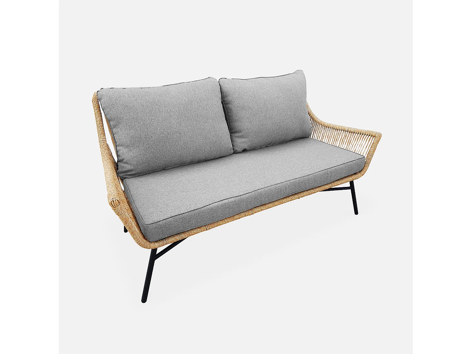 Salon de jardin bas 4 places KUTA – Ensemble canapé 2 places et 2 fauteuils avec 2 tables gigognes. résine tressée effet corde. coussins gris clair chiné