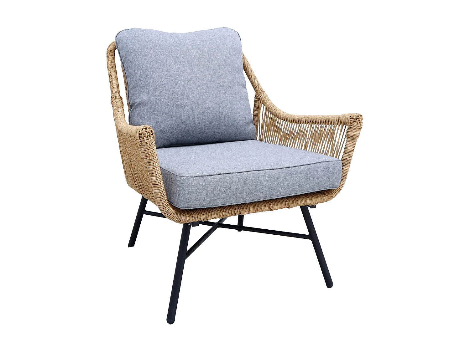 Salon de jardin bas 4 places KUTA – Ensemble canapé 2 places et 2 fauteuils avec 2 tables gigognes. résine tressée effet corde. coussins gris clair chiné