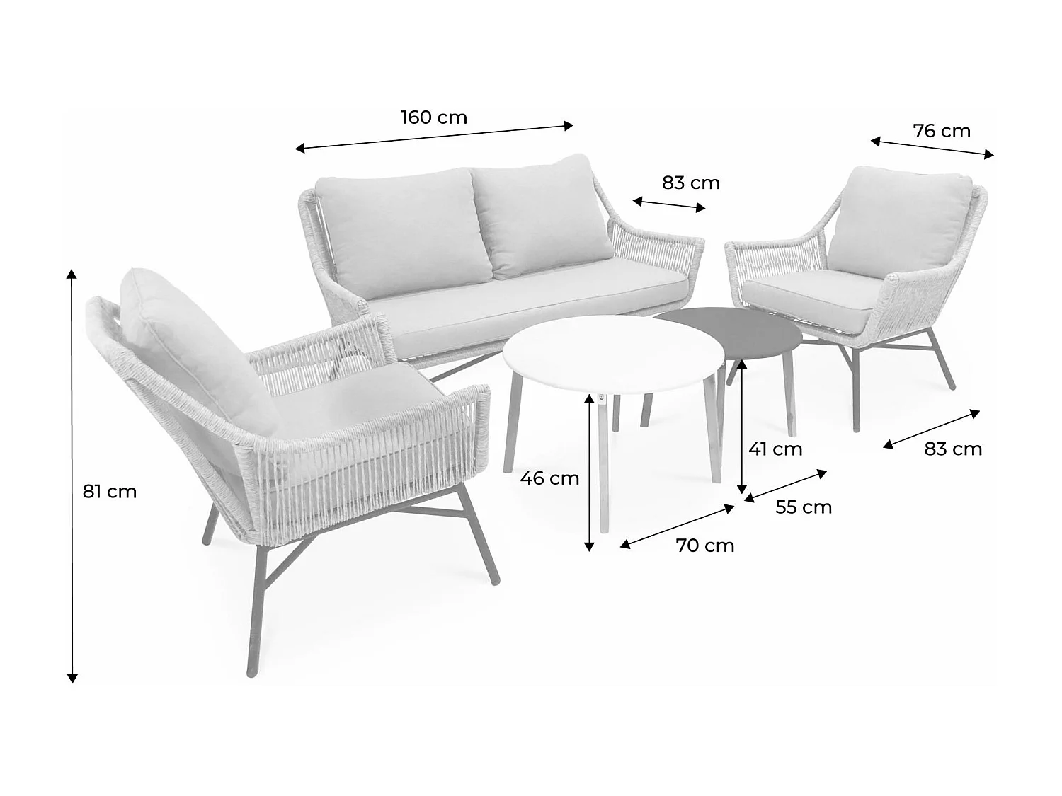 Salon de jardin bas 4 places KUTA – Ensemble canapé 2 places et 2 fauteuils avec 2 tables gigognes. résine tressée effet corde. coussins gris clair chiné