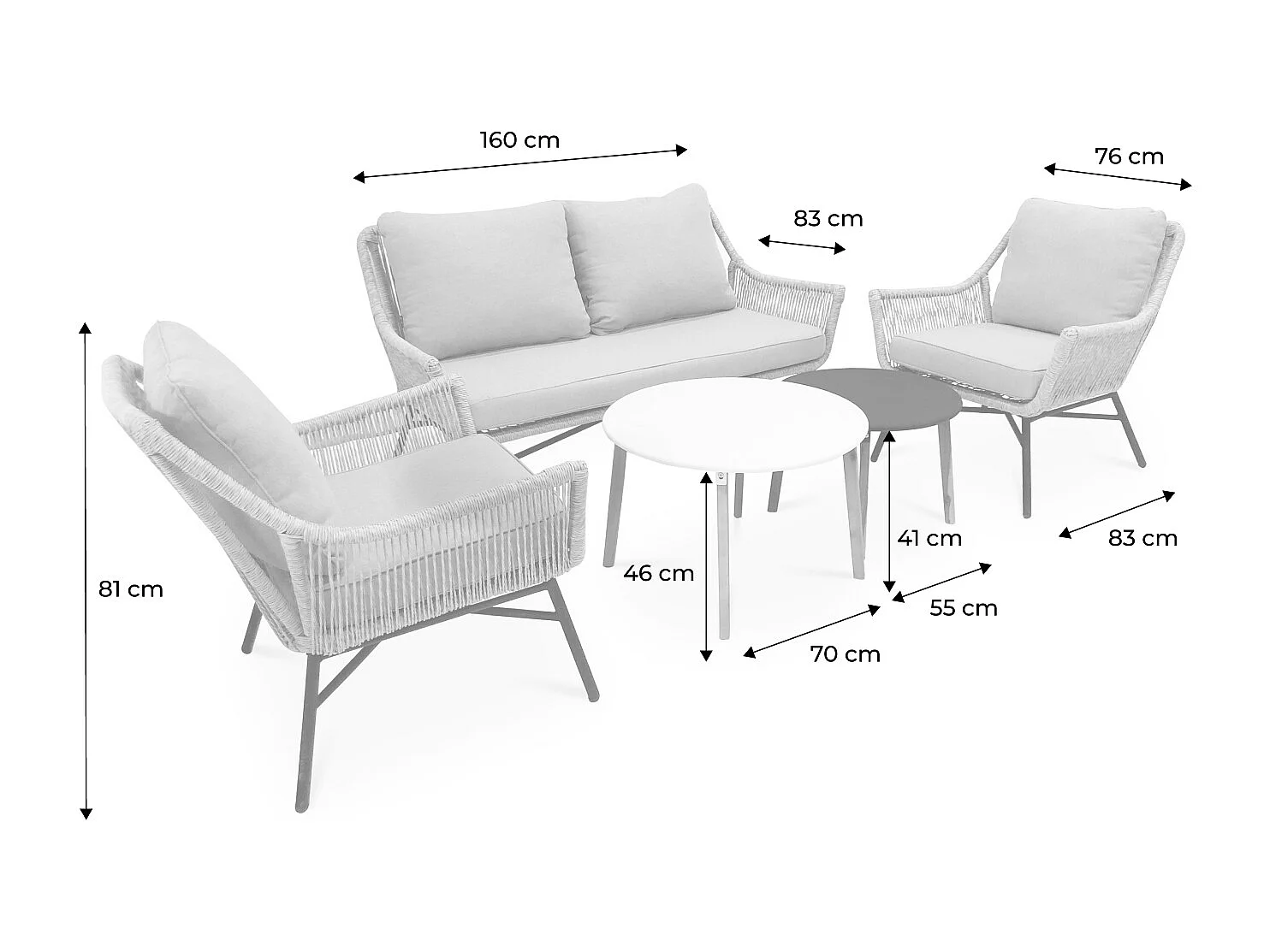 Salon de jardin bas 4 places KUTA – Ensemble canapé 2 places et 2 fauteuils avec 2 tables gigognes. résine tressée effet corde. coussins gris clair chiné