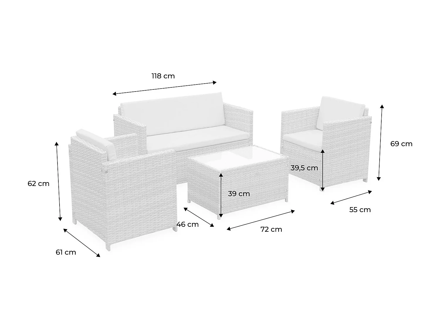 Conjunto de muebles de jardín de resina tejida, 4 plazas natural