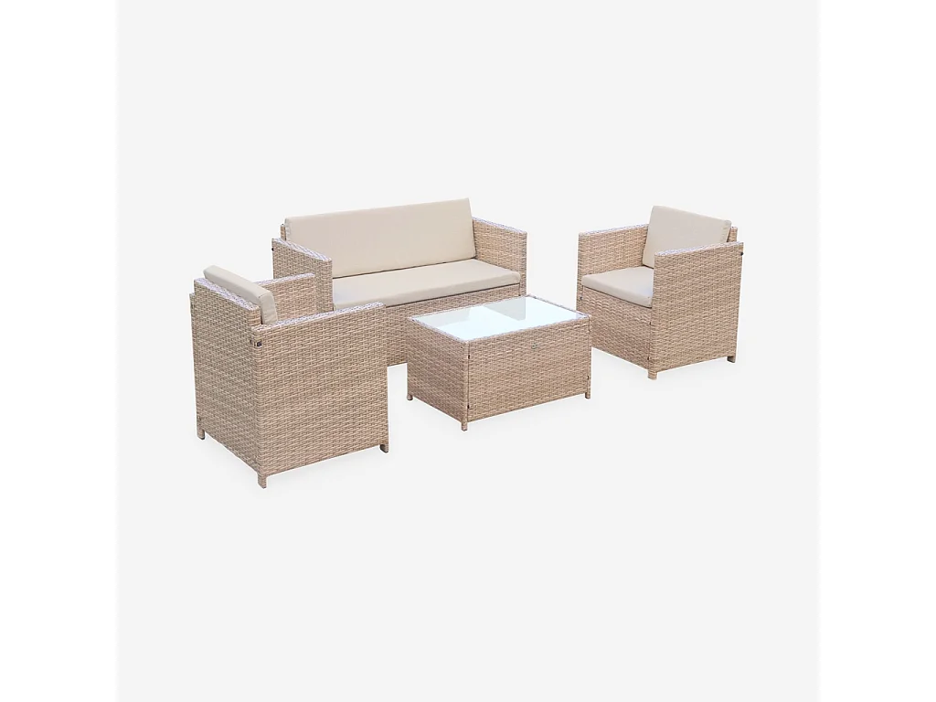 Salon de jardin en résine tressée - Perugia - Résine naturelle Coussins  beiges - 4 places - 1 canapé. 2 fauteuils. une table basse
