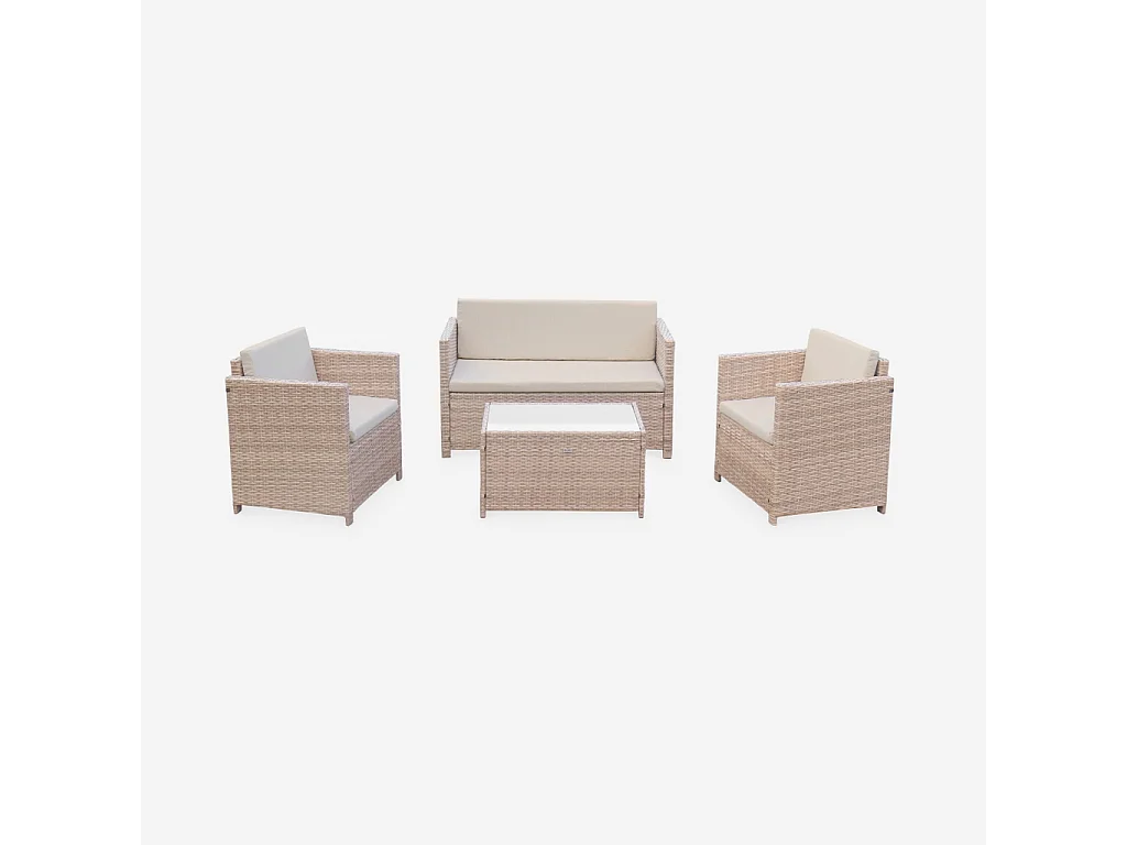 Salon de jardin en résine tressée - Perugia - Résine naturelle Coussins  beiges - 4 places - 1 canapé. 2 fauteuils. une table basse
