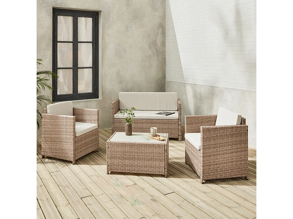 Salon de jardin en résine tressée - Perugia - Résine naturelle Coussins  beiges - 4 places - 1 canapé. 2 fauteuils. une table basse