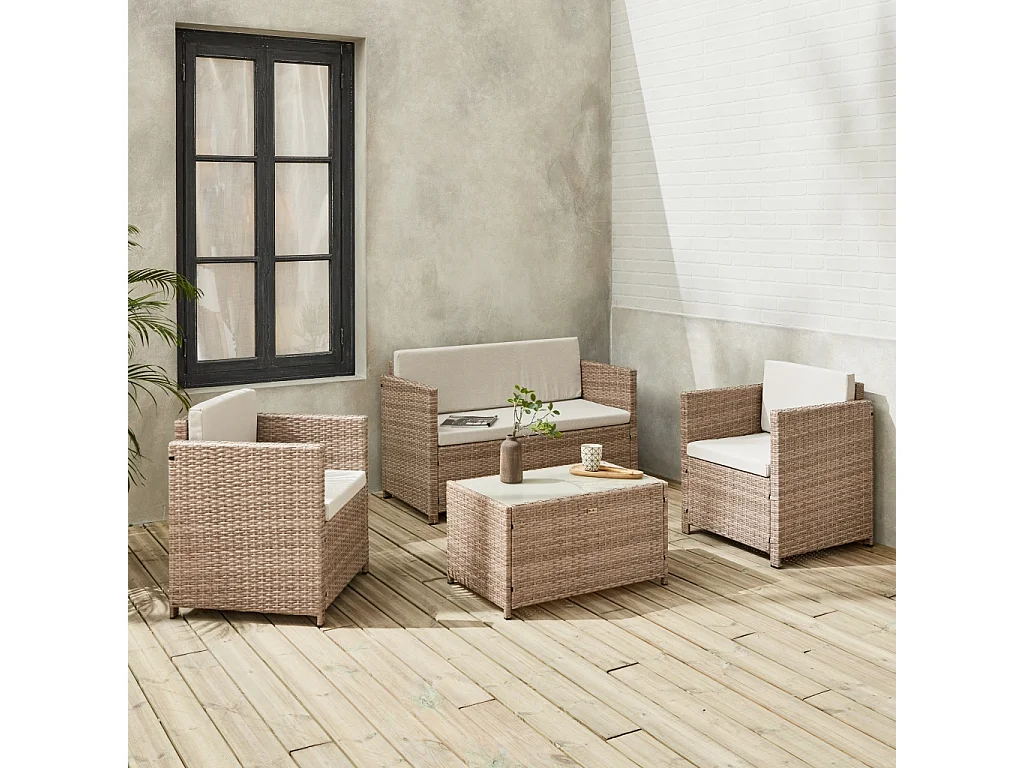 Salon de jardin en résine tressée - Perugia - Résine naturelle Coussins  beiges - 4 places - 1 canapé. 2 fauteuils. une table basse