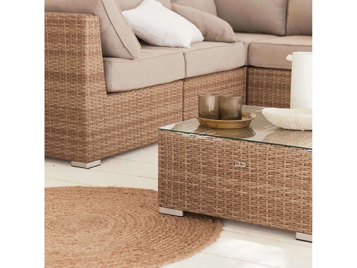 Salon de jardin Premium en résine tressée arrondie XXL – VERONA – Résine naturelle style osier. coussins beiges – 12 à 14 places