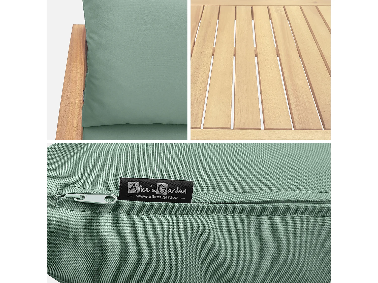 Salon de jardin en bois 4 places - Ushuaïa - Coussins vert de gris. canapé. fauteuils et table basse en acacia. design