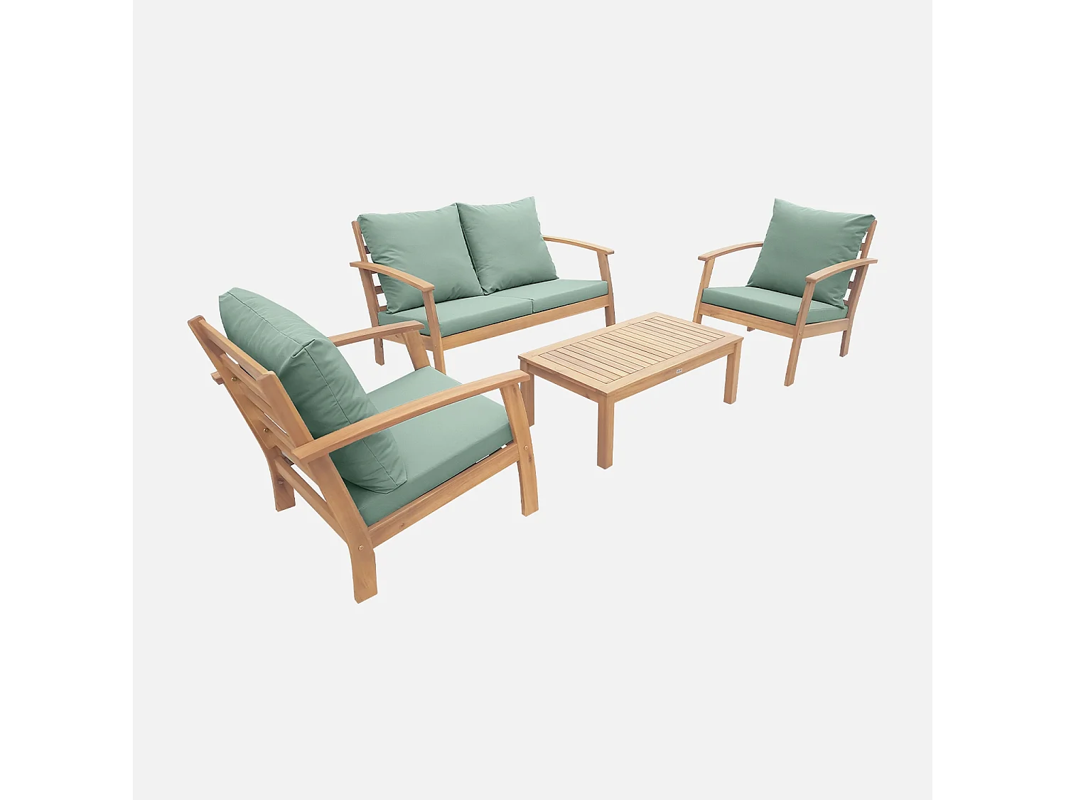 Salon de jardin en bois 4 places - Ushuaïa - Coussins vert de gris. canapé. fauteuils et table basse en acacia. design