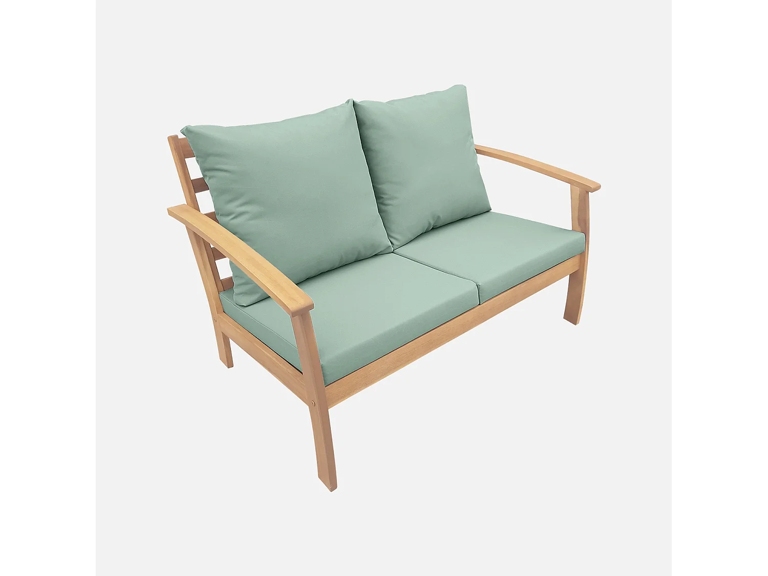 Salon de jardin en bois 4 places - Ushuaïa - Coussins vert de gris. canapé. fauteuils et table basse en acacia. design