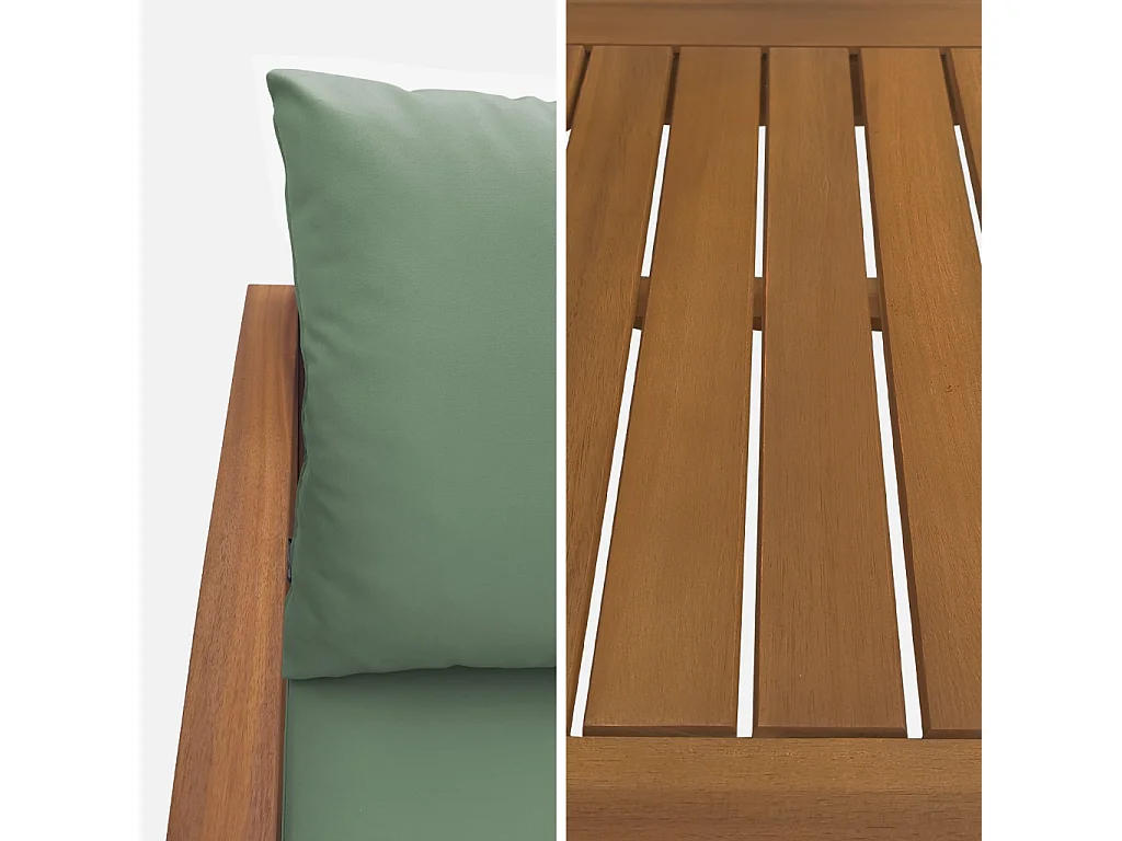 Salon de jardin en bois 4 places - Ushuaïa - Coussins vert de gris. canapé. fauteuils et table basse en acacia. design