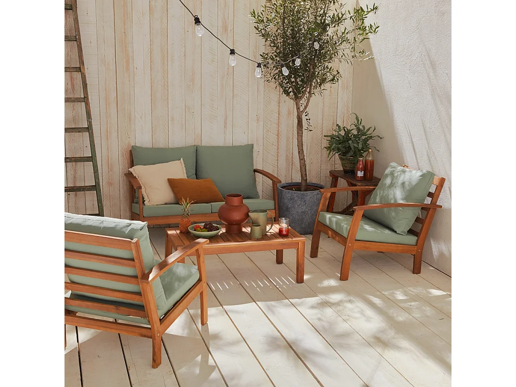 Salon de jardin en bois 4 places - Ushuaïa - Coussins vert de gris. canapé. fauteuils et table basse en acacia. design
