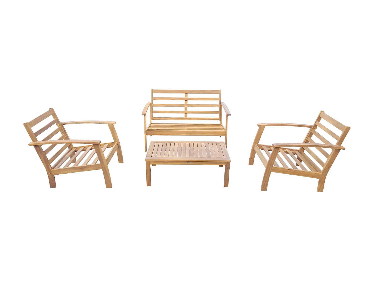 Salon de jardin en bois 4 places - Ushuaïa - Coussins vert de gris. canapé. fauteuils et table basse en acacia. design