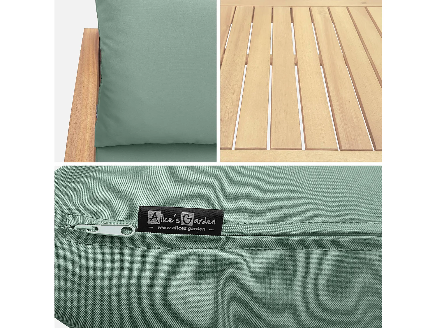 Salon de jardin en bois 4 places - Ushuaïa - Coussins vert de gris. canapé. fauteuils et table basse en acacia. design